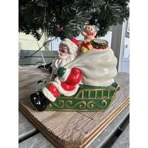 VTG Enesco Santa Sleigh Ceramic Music Box Figurine Christmas Plays Santa Coming